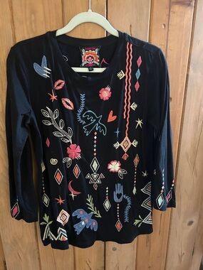 Johnny Was Black Long-Sleeve Top with Multicolor Embroidery